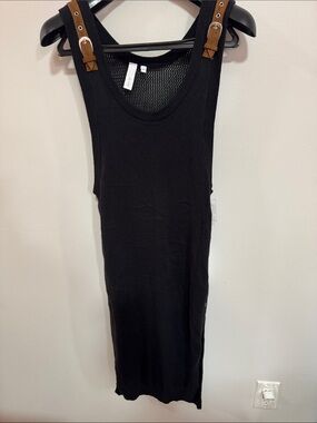 Black Ribbed Tank Top with Brown Adjustable Strap Accents